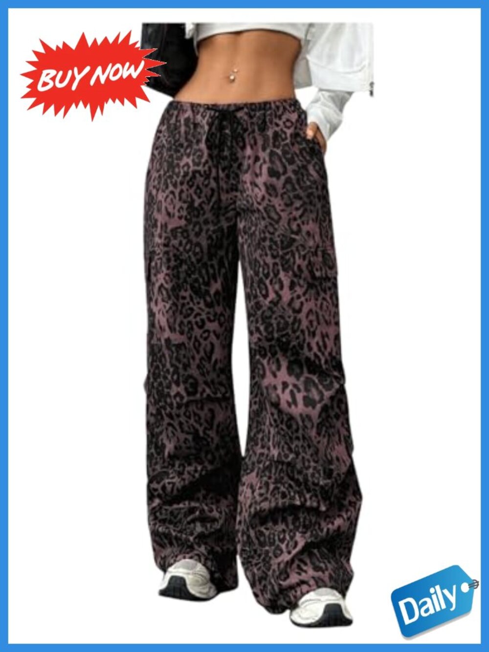 Women's Leopard Print Cargo Pants Low Waist Baggy Wide Leg Drawstring